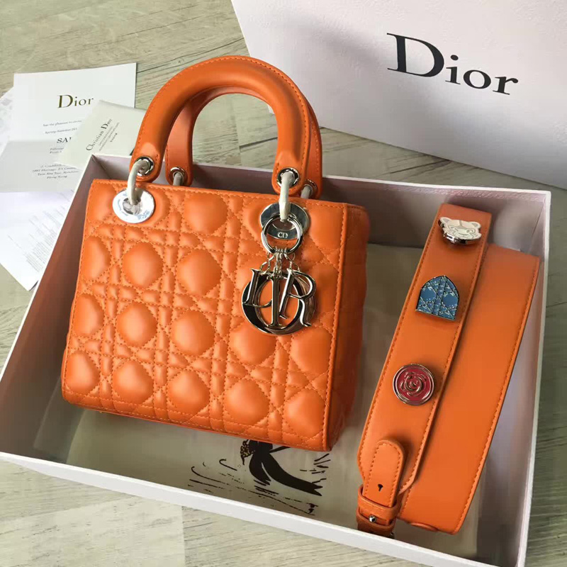 Dior LADY DIOR小羊皮手提包 2017新款迪奧徽章戴妃包 橙色