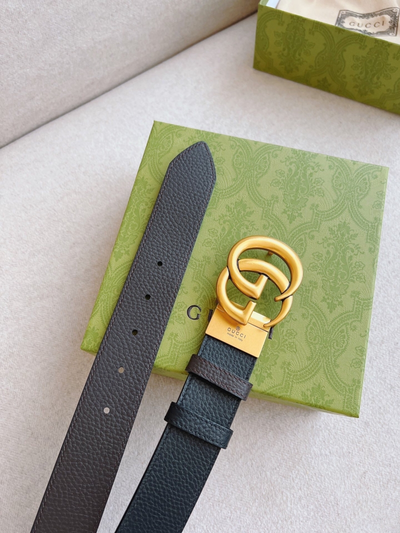 627055 Gucci 雙G帶扣雙面腰帶 GG Marmont系列黑色男士皮帶 金扣