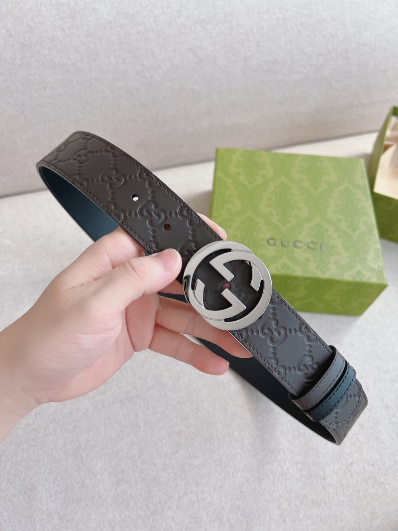 411924 Gucci互扣式雙G帶扣 Signature皮革男士腰帶 藍色