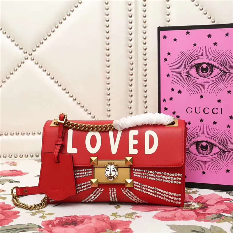 477330 GUCCI 秋冬最新 虎頭 lOVED字母印花 鏈條單肩包 紅色