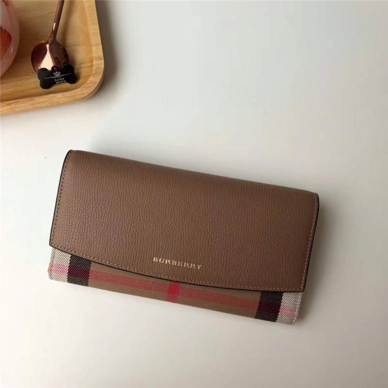 39555091 Burberry巴寶莉 Banner手袋系列 House格紋 拼皮長款錢夾 深沙色