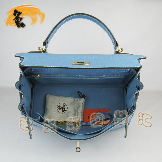 6108 Hermes經(jīng)典款 淺藍(lán)色荔枝紋手提包 Hermes女士斜挎包 Hermes Kelly 凱莉包