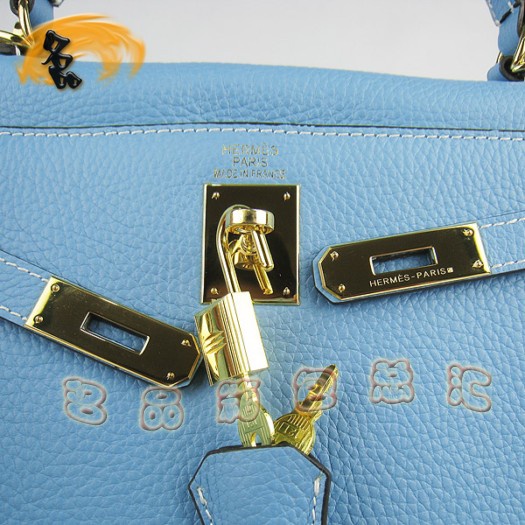 6108 Hermes經(jīng)典款 淺藍(lán)色荔枝紋手提包 Hermes女士斜挎包 Hermes Kelly 凱莉包