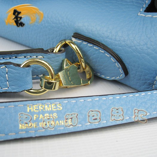 6108 Hermes經(jīng)典款 淺藍(lán)色荔枝紋手提包 Hermes女士斜挎包 Hermes Kelly 凱莉包