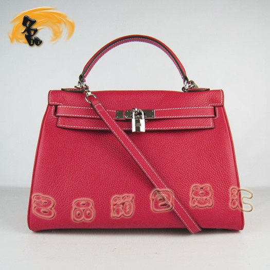 6108 Hermes 斜跨包 Hermes Kelly 凱莉包 32cm 愛馬仕荔枝紋女士 手提包 銀扣