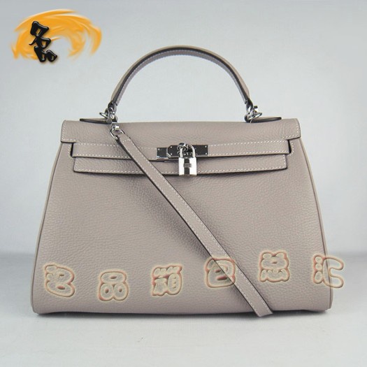 6108 Hermes淺灰色女士 牛皮手提包 Hermes Kelly 凱莉包 愛馬仕荔枝紋斜挎包