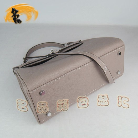 6108 Hermes淺灰色女士 牛皮手提包 Hermes Kelly 凱莉包 愛馬仕荔枝紋斜挎包