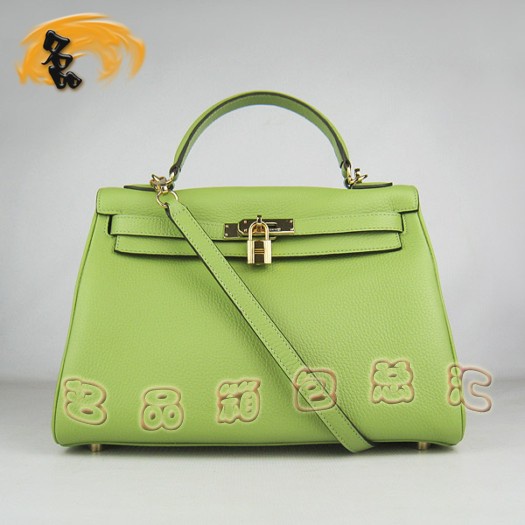 6108 Hermes新款綠色女士 高檔牛皮手提包 Hermes Kelly 凱莉包 荔枝紋斜挎包