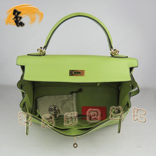 6108 Hermes新款綠色女士 高檔牛皮手提包 Hermes Kelly 凱莉包 荔枝紋斜挎包