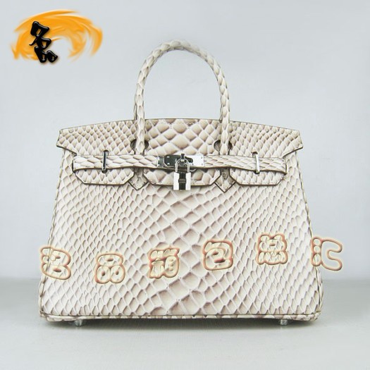6088 Hermes 最新款 魚紋銀扣時(shí)尚女包 Hermes Birkin 鉑金包 30手提包 米白色