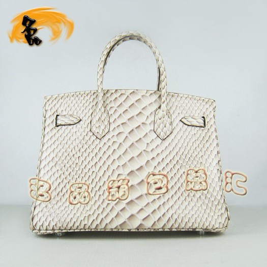 6088 Hermes 最新款 魚紋銀扣時(shí)尚女包 Hermes Birkin 鉑金包 30手提包 米白色
