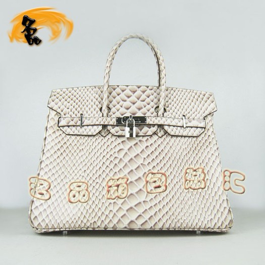 6089 Hermes女包 Hermes Birkin 鉑金包 35 魚(yú)紋女士手提包 米白色銀扣