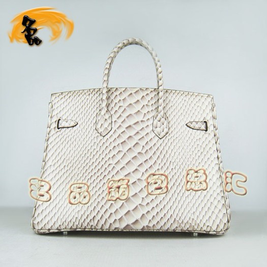 6089 Hermes女包 Hermes Birkin 鉑金包 35 魚(yú)紋女士手提包 米白色銀扣
