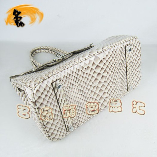 6089 Hermes女包 Hermes Birkin 鉑金包 35 魚(yú)紋女士手提包 米白色銀扣