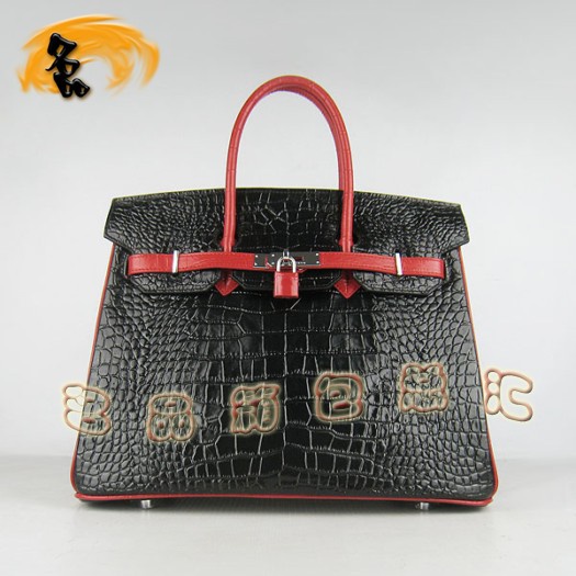 6089 Hermes 鱷魚紋手提包 Hermes女包 Hermes Birkin 鉑金包 黑配紅銀扣(35)