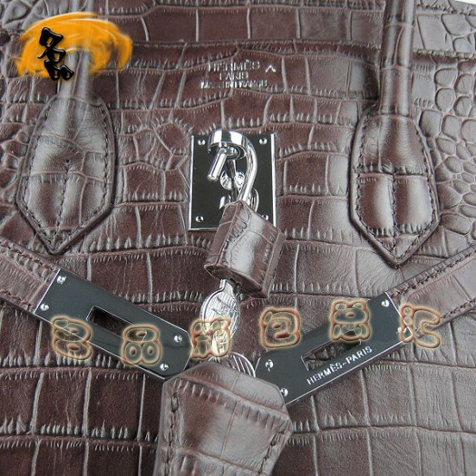 6089 Hermes 鱷魚紋手提包 Hermes女包 Hermes Birkin 鉑金包 深啡色銀扣(35)