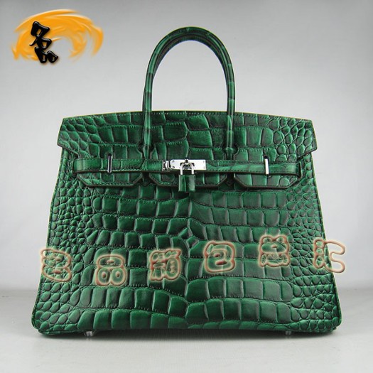6089 Hermes 鱷魚紋手提包 Hermes女包 Hermes Birkin 鉑金包 深綠色銀扣(35)