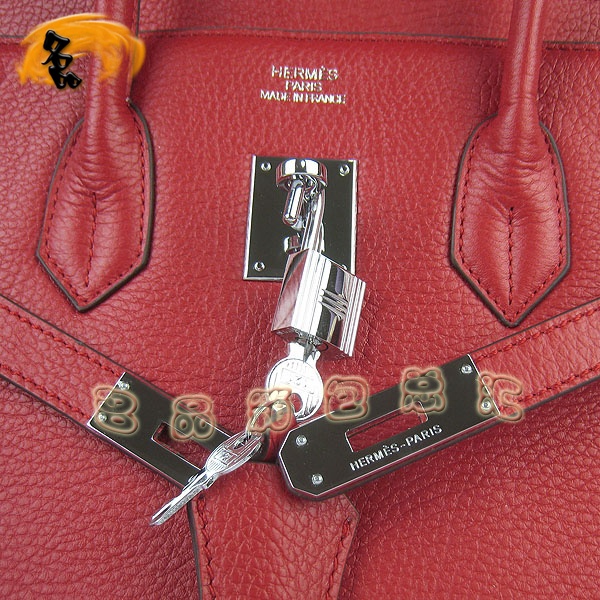 6089 Hermes Birkin 鉑金包 愛馬仕荔枝紋35 時尚手提包 Hermes女包 紅色銀扣