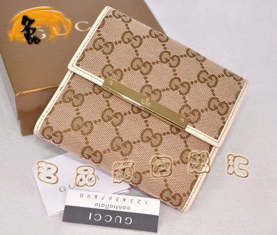112664 Gucci短款錢包 Gucci卡包 經(jīng)典雙G花布女士錢包 Gucci女包 杏配米白色