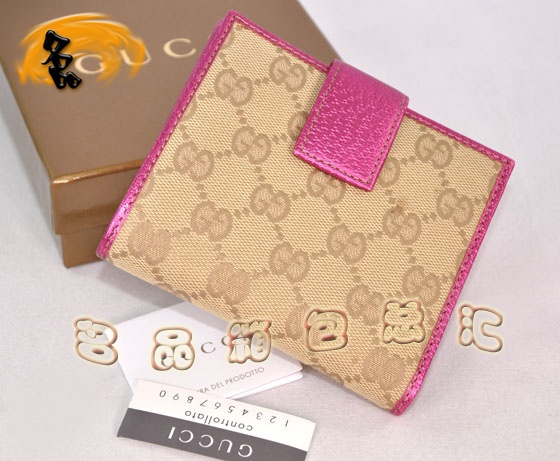 112664 Gucci短款錢包 Gucci卡包 經典雙G花布女士錢包 Gucci女包 杏配桃紅色