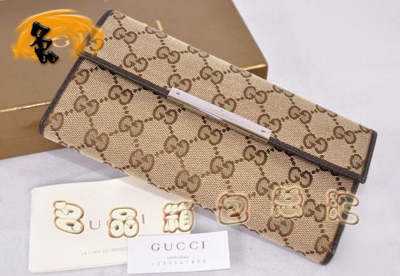 112715 Gucci經(jīng)典雙G花布女士錢(qián)夾 Gucci長(zhǎng)款錢(qián)包 Gucci女包 錢(qián)包 杏配深啡色