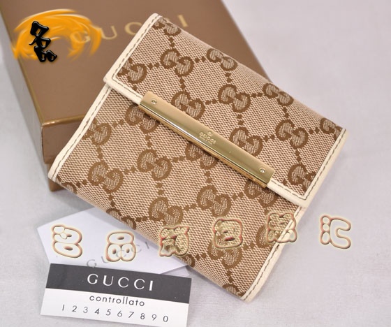 112716 Gucci經(jīng)典雙G花布時尚女士錢夾 Gucci短款錢包 Gucci女包 杏配米白色