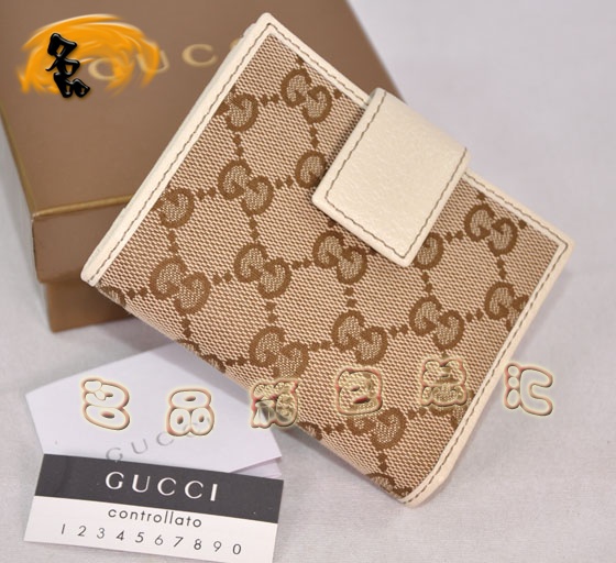 112716 Gucci經(jīng)典雙G花布時尚女士錢夾 Gucci短款錢包 Gucci女包 杏配米白色