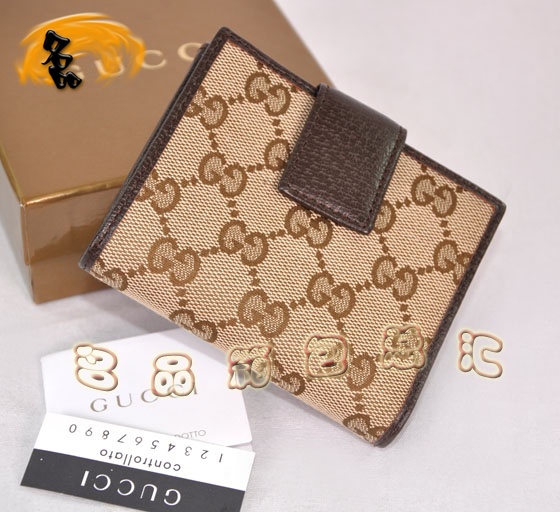 112716 Gucci經典雙G花布時尚女士錢夾 Gucci短款錢包 Gucci女包 杏配深啡色