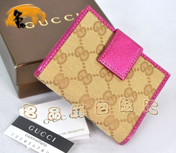 112716 Gucci經(jīng)典雙G花布時(shí)尚女士錢夾 Gucci短款錢包 Gucci女包 杏配桃紅色