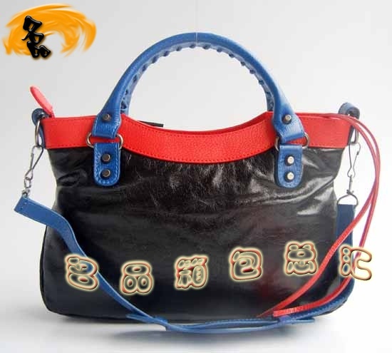 084331 巴黎世家女包 新款拼色頭層牛皮女士機車包 Balenciaga手提包 單肩包 黑色
