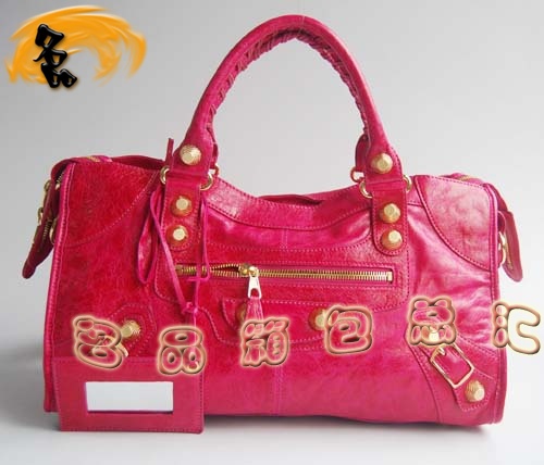 084328B Balenciaga機車包 單肩包 巴黎世家手提包 進(jìn)口羊皮大金釘女包 桃紅色