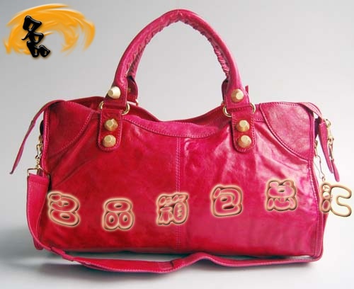 084328B Balenciaga機車包 單肩包 巴黎世家手提包 進(jìn)口羊皮大金釘女包 桃紅色