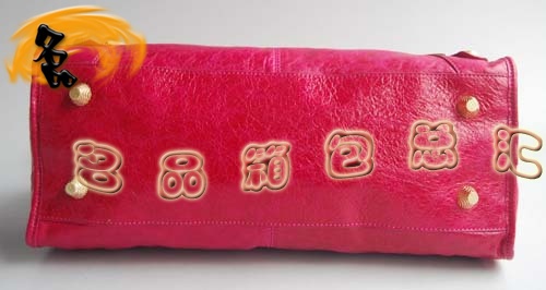 084328B Balenciaga機車包 單肩包 巴黎世家手提包 進(jìn)口羊皮大金釘女包 桃紅色