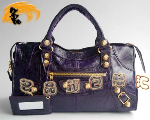 084328B Balenciaga機車包 單肩包 巴黎世家手提包 進口羊皮大金釘女包 深紫色