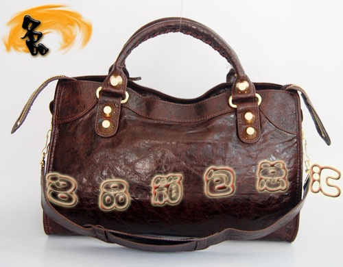 084332B Balenciaga機車包 單肩包 巴黎世家手提包 進口羊皮大金釘時尚女包 啡色
