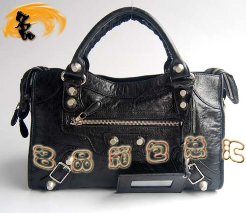 084332A Balenciaga機車包 單肩包 巴黎世家手提包 進口羊皮大銀釘時尚女包 黑色