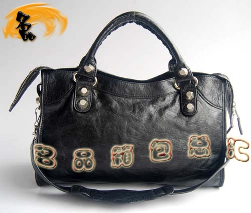 084332A Balenciaga機車包 單肩包 巴黎世家手提包 進口羊皮大銀釘時尚女包 黑色