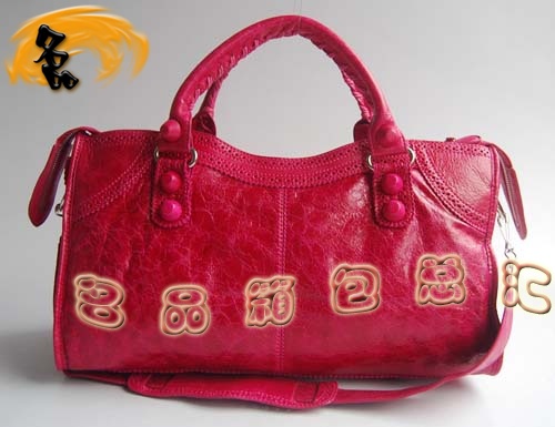 084828 1:1品質 Balenciaga機車包 女士單肩包 巴黎世家羊皮花邊皮釘手提包 桃紅色