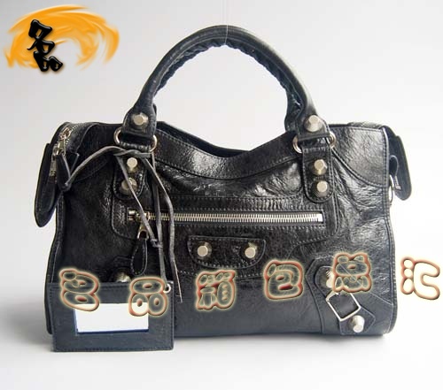 084332A Balenciaga機車包 單肩包 巴黎世家手提包 進口羊皮大銀釘時尚女包 深灰色