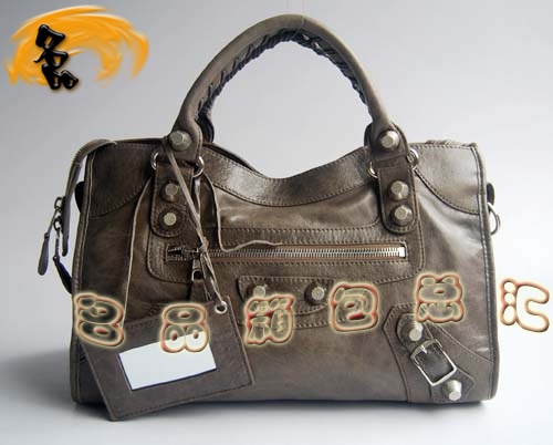 084332A Balenciaga機車包 單肩包 巴黎世家手提包 進口羊皮大銀釘時尚女包 銀灰色
