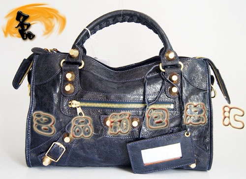 084332B Balenciaga機(jī)車包 單肩包 巴黎世家手提包 進(jìn)口羊皮大金釘時(shí)尚女包 灰藍(lán)色