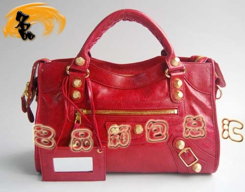 084332B Balenciaga機車包 單肩包 巴黎世家手提包 進口羊皮大金釘時尚女包 紅色