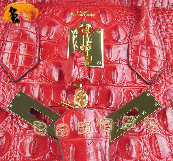 6088 Hermes Birkin 鉑金包 愛馬仕女包 Hermes手提包 鱷魚頭紋(30) 大紅色金扣