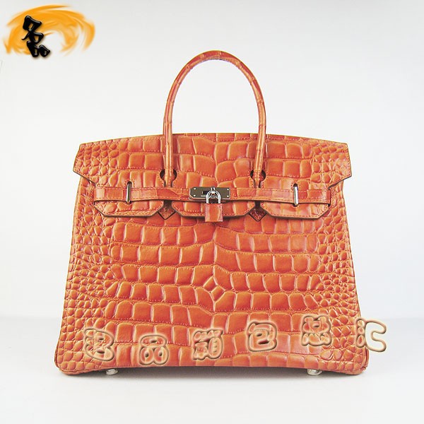 6089 愛馬仕女包 Hermes Birkin 鉑金包 Hermes手提包 鱷魚紋(35) 橙色銀扣