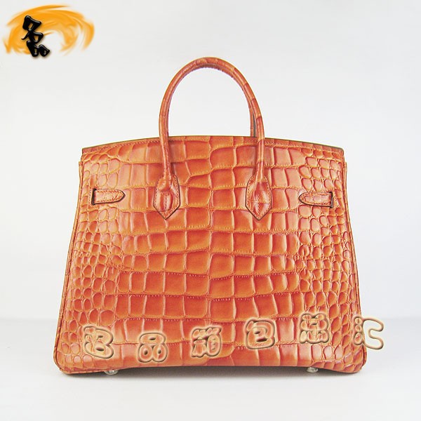 6089 愛馬仕女包 Hermes Birkin 鉑金包 Hermes手提包 鱷魚紋(35) 橙色銀扣