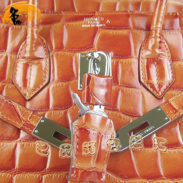6089 愛馬仕女包 Hermes Birkin 鉑金包 Hermes手提包 鱷魚紋(35) 橙色銀扣
