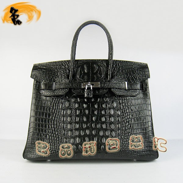 6089 Hermes手提包 Hermes Birkin 鉑金包 愛馬仕女包 鱷魚頭紋(35) 黑色銀扣