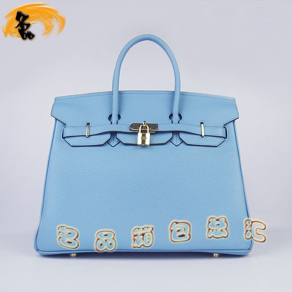 6089 Hermes Birkin 鉑金包愛馬仕女包 Hermes手提包 荔枝紋(35) 淺藍(lán)色金扣