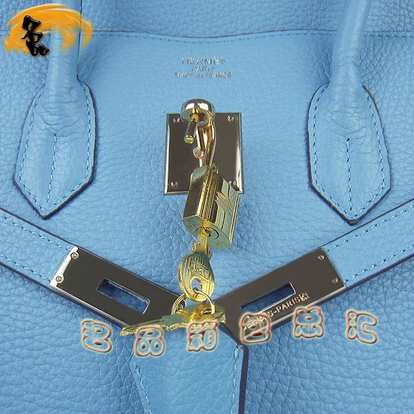 6089 Hermes Birkin 鉑金包愛馬仕女包 Hermes手提包 荔枝紋(35) 淺藍(lán)色金扣