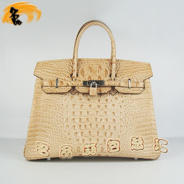 6089 愛(ài)馬仕女包 Hermes手提包 Hermes Birkin 鉑金包 鱷魚頭紋(35) 土黃色銀扣